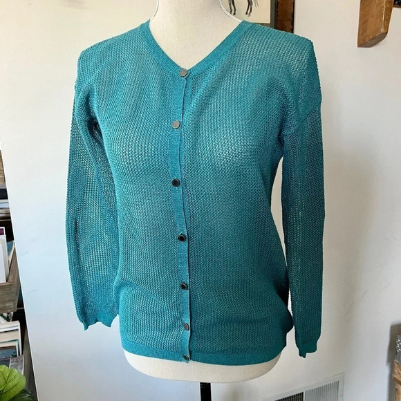 EUC ZADIG & VOLTAIRE Mesh Teal Metallic Cardigan S - Picture 1 of 6